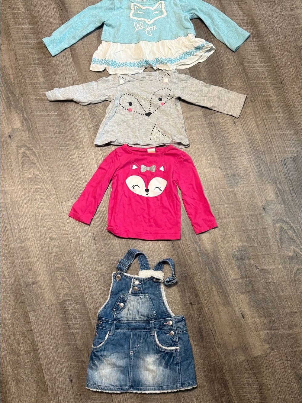 3 Fox Graphic Long Sleeve Tee + Denim Overall Dress Bundle  B9